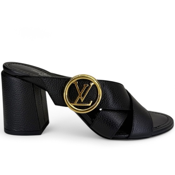 NEW LOUIS VUITTON LV Logo Black Leather Block Heel Sandals Mules IT36 - Picture 1 of 11